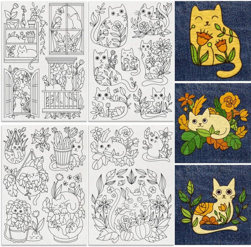 DOODLREAM 20Pcs Cat Playing in Flowers Embroidery Pattern Stabilizer, 8.3"x11.7"Cartoon Kitten Water Soluble Stick and Stitch Embroidery Sticker, 4 Sheets Hand Sewing DIY Embroidery Paper - Image 1